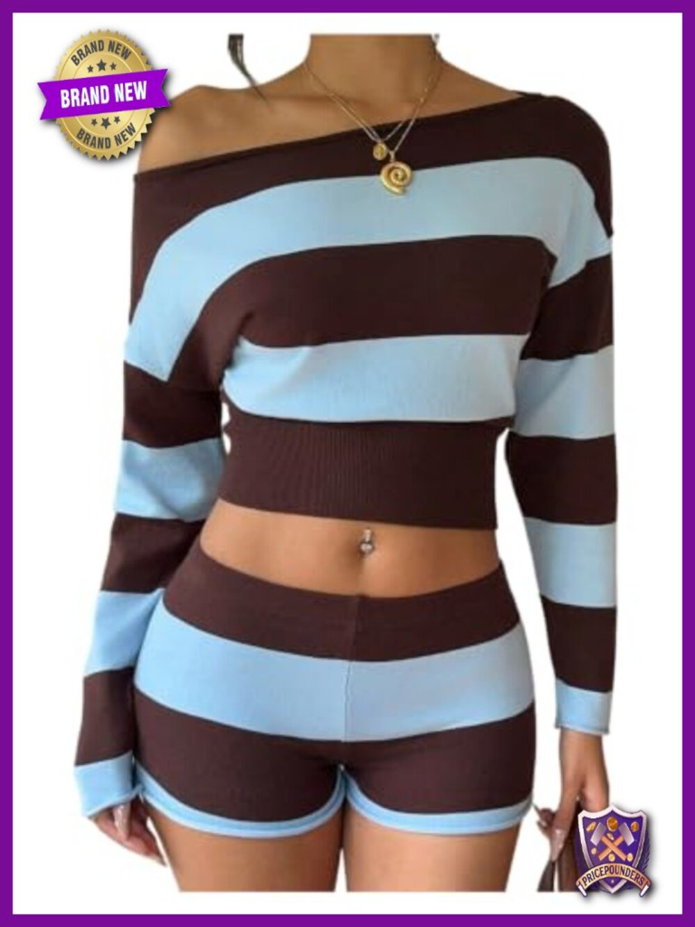 Striped Off Shoulder Crop Top & Mini Shorts Knit 2 Piece Set